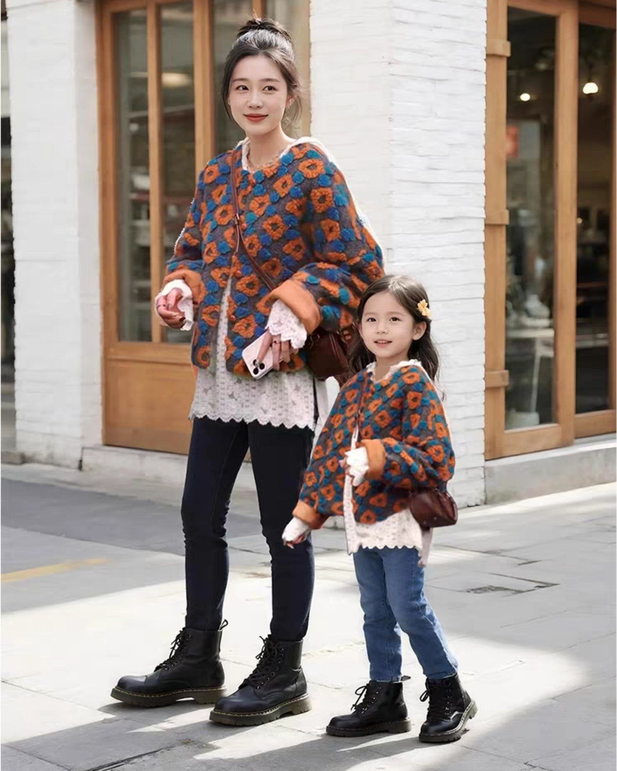 北欧レトロのテキスタイルジャケット(透かし編みフーディートップスset)